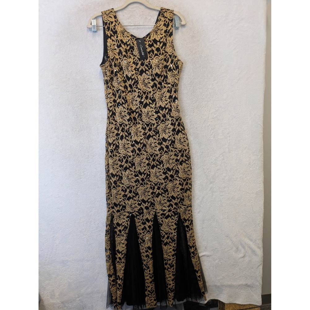 NEW Candalite Evening Gown Women's Small Gold Black Sequin Lace Mermaid Dress